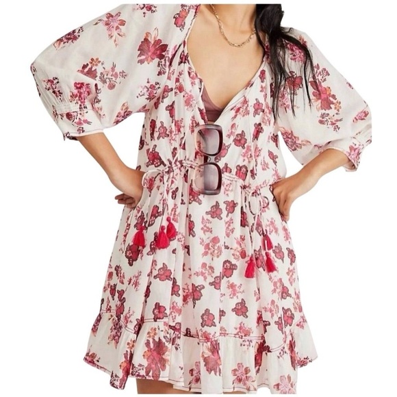 Free People Camella Mini Dress M Ivory and Pink Floral Bohemian 3/4 Sleeve - Picture 1 of 16